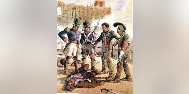 Slave Joe, suffering from bullet and bayonet wounds, was forced by Santa Anna's men to identify the bodies of defenders of the Alamo, March 6, 1836. Illustration by Gary Zaboly.