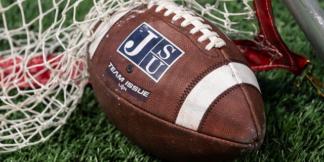 A Jackson State branded football sits on the field during the Celebration Bowl game between the Jackson State Tigers and the North Carolina Central Eagles on Saturday, December 17, 2022 at Mercedes-Benz Stadium in Atlanta, GA.  