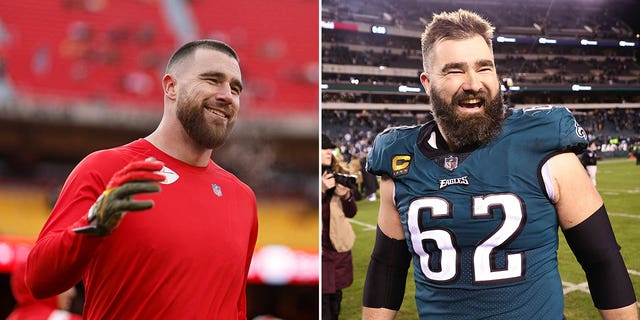 (Left) Travis Kelce #87 of the Kansas City Chiefs reacts prior to the AFC Championship NFL football game between the Kansas City Chiefs and the Cincinnati Bengals at GEHA Field at Arrowhead Stadium on January 29, 2023 in Kansas City, Missouri. (Right) ason Kelce #62 of the Philadelphia Eagles celebrates on the field after defeating the New York Giants 38-7 in the NFC Divisional Playoff game at Lincoln Financial Field on January 21, 2023 in Philadelphia, Pennsylvania.