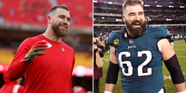 (Izquierda) Travis Kelce #87 de los Kansas City Chiefs reacciona antes del partido de fútbol de la AFC del Campeonato de la NFL entre los Kansas City Chiefs y los Cincinnati Bengals en el GEHA Field en el Arrowhead Stadium el 29 de enero de 2023 en Kansas City, Missouri.  (Derecha) Jason Kelce #62 de los Philadelphia Eagles celebra en la cancha después de derrotar a los New York Giants 38-7 en el partido de eliminatoria divisional de la NFC en el Lincoln Financial Field el 21 de enero de 2023 en Filadelfia, Pensilvania.