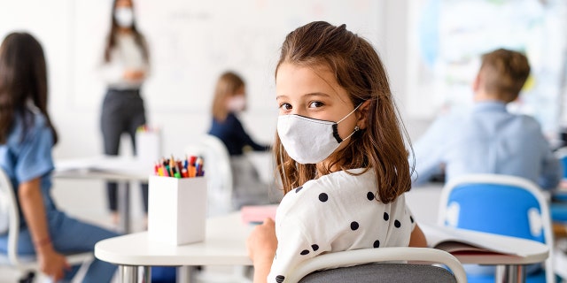 little girl wearing mask in school