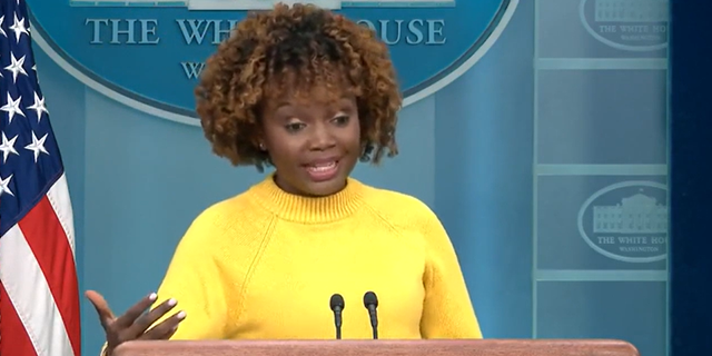 White House spokeswoman Karine Jean-Pierre speaks to reporters at a press briefing.