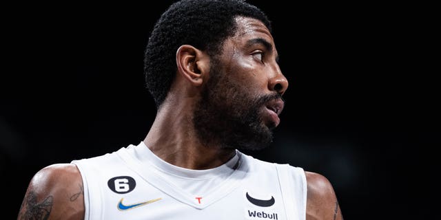 Kyrie Irving of the Brooklyn Nets during the second quarter of a game against the New York Knicks at Barclays Center on January 28, 2023 in New York City. 