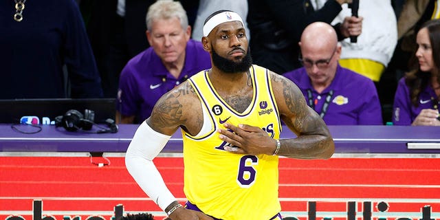 LeBron James #6 of the Los Angeles Lakers prepares to take the court for a game against the Oklahoma City Thunder at Crypto.com Arena on February 7, 2023 in Los Angeles, California.