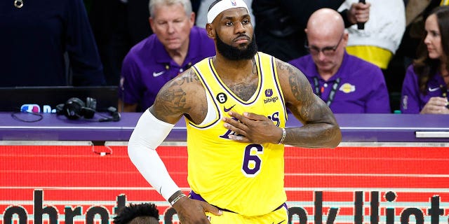 LeBron James #6 of the Los Angeles Lakers prepares to take the court for a game against the Oklahoma City Thunder at Crypto.com Arena on February 7, 2023 in Los Angeles, California.