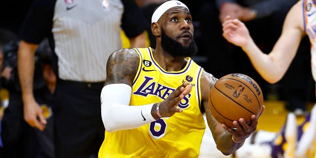 LeBron James #6 of the Los Angeles Lakers drives to the basket in the first quarter against the Oklahoma City Thunder at Crypto.com Arena on February 7, 2023 in Los Angeles, California. 