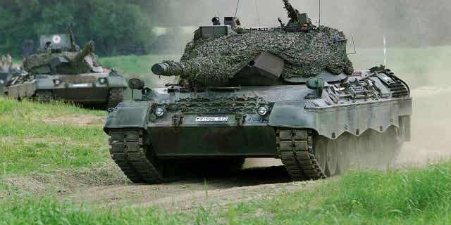 A Leopard 1 tank drives in Storkau, Germany, on May 19, 2000. Ukraine may be able to use old Leopard 1 battle tanks from German defense industry stocks.