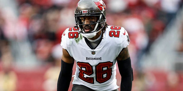 Logan Ryan of the Tampa Bay Buccaneers defends during a game against the San Francisco 49ers at Levi's Stadium on December 11, 2022 in Santa Clara, California. 