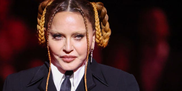 Madonna speaks on stage at the 65th Grammy Awards, held at the Crytpo.com Arena on February 5, 2023.