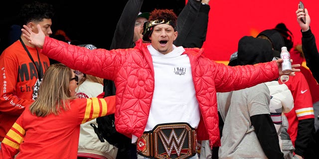 Patrick Mahomes #15 of the Kansas City Chiefs celebrates during the Kansas City Chiefs Super Bowl LVII Victory Parade on February 15, 2023 in Kansas City, Missouri. 