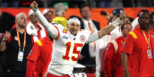 Patrick Mahomes of the Kansas City Chiefs celebrates after defeating the Philadelphia Eagles 38-35 in Super Bowl LVII. 