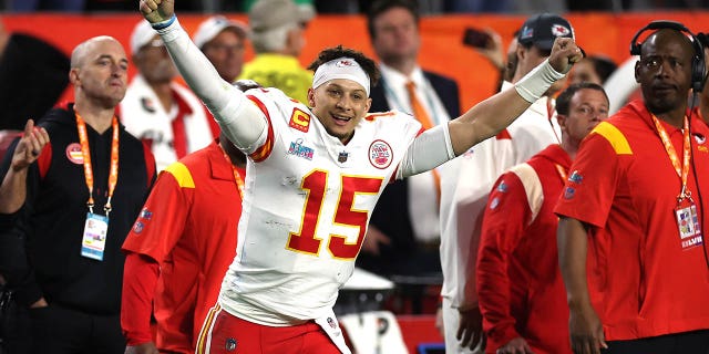 Patrick Mahomes of the Kansas City Chiefs celebrates after defeating the Philadelphia Eagles 38-35 to win Super Bowl LVII at State Farm Stadium on Feb. 12, 2023, in Glendale, Arizona.