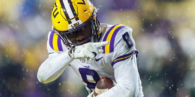 LSU Tigers wide receiver Malik Nabers signals a first down after catching a pass during a game against the UAB Blazers Nov. 19, 2022, at Tiger Stadium in Baton Rouge, La. 