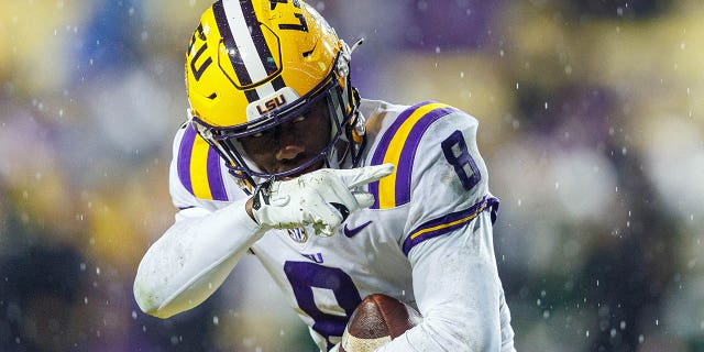 LSU Tigers wide receiver Malik Nabers signals a first down after catching a pass during a game against the UAB Blazers Nov. 19, 2022, at Tiger Stadium in Baton Rouge, La.