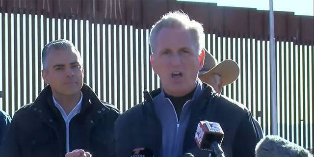 Feb. 16, 2023: House Speaker Kevin McCarthy addresses reporters at the southern border.