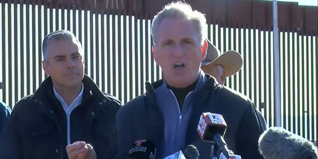 Feb. 16, 2023: House Speaker Kevin McCarthy addresses reporters at the southern border.