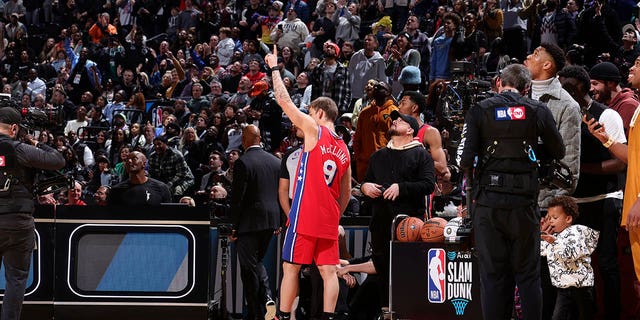 Mac McClung #9 of the Philadelphia 76ers celebrates during the AT&T Slam Dunk contest as part of NBA All-Star Weekend 2023 on Saturday, February 18, 2023 at Vivint Arena in Salt Lake City, Utah.