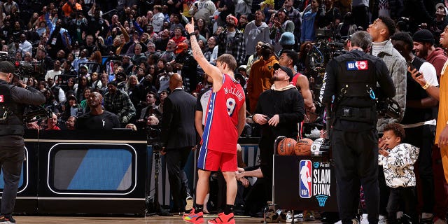 Mac McClung #9 of the Philadelphia 76ers celebrates during the AT&T Slam Dunk contest as part of NBA All-Star Weekend 2023 on Saturday, February 18, 2023 at Vivint Arena in Salt Lake City, Utah.