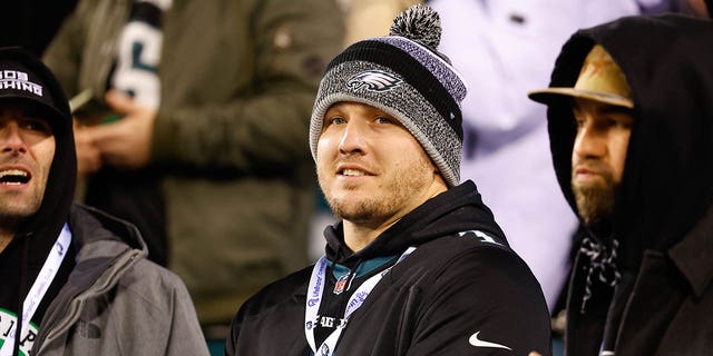 Mike Trout prior to the NFC divisional playoff game between the Eagles and the New York Giants on Jan. 21, 2023, in Philadelphia.