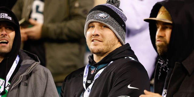 Mike Trout prior to the NFC divisional playoff game between the Eagles and the New York Giants on Jan. 21, 2023, in Philadelphia.