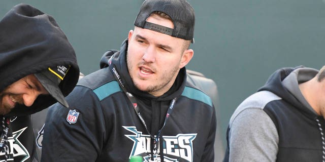 Los Angeles Angels' Mike Trout looks on during the game between the Chicago Bears and the Eagles on Nov. 3, 2019, at Lincoln Financial Field in Philadelphia.