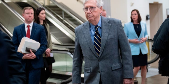 WASHINGTON, DC - FEBRUARY 9: Senate Minority Leader Mitch McConnell (R-KY) walks to a closed-door briefing for Senators about the Chinese spy balloon at the U.S. Capitol February 9, 2023 in Washington, DC. Military and administration officials are briefing both houses of Congress today about the U.S. response to Chinas use of a spy balloon in American airspace. (Photo by Drew Angerer/Getty Images) 