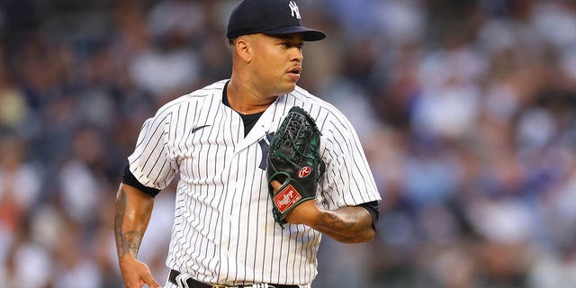 Frankie Montas #47 of the New York Yankees in action against the Toronto Blue Jays at Yankee Stadium on August 18, 2022 in New York City. Toronto Blue Jays defeated the New York Yankees 9-2.