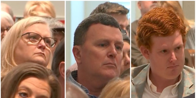 From left, Lynn Murdaugh Goette, Randy Murdaugh and Buster Murdaugh watch as Alex Murdaugh testifies Feb. 23, 2023, in the Colleton County Courthouse.