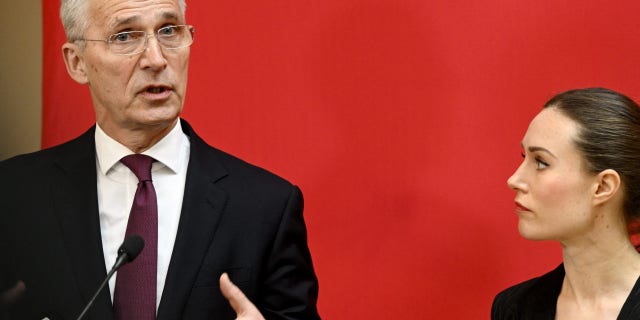 NATO Secretary General Jens Stoltenberg, right, and Prime Minister Sanna Marin of Finland meet the press before the annual meeting of SAMAK, the Co-operation Committee of the Nordic Social Democratic parties and trade unions, in Helsinki on Feb. 28, 2023. 