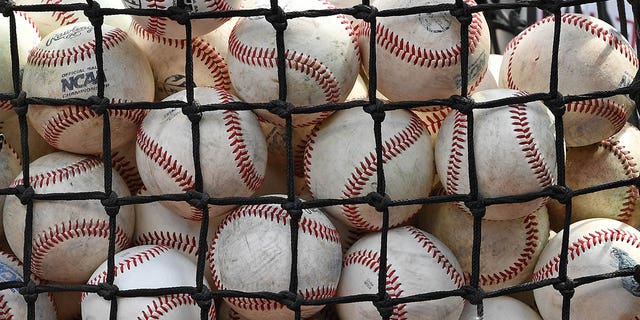 A general view of a basket of batting practice balls during batting practice before Game 1 of the College World Series Championship Series between the Arkansas Razorbacks and the Oregon State Beavers on June 26, 2018, at TD Ameritrade Park in Omaha, Nebraska.