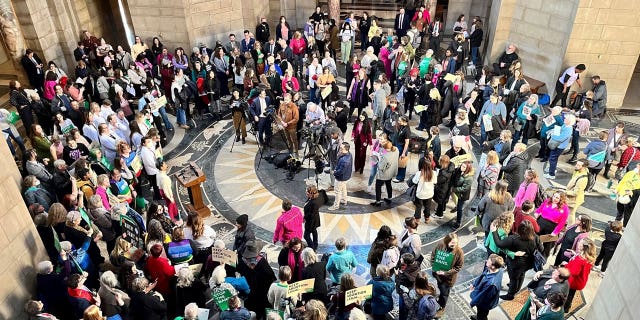 Hundreds of people crowded around the Nebraska Capitol as hearings on a fetal heartbeat bill were set to begin.