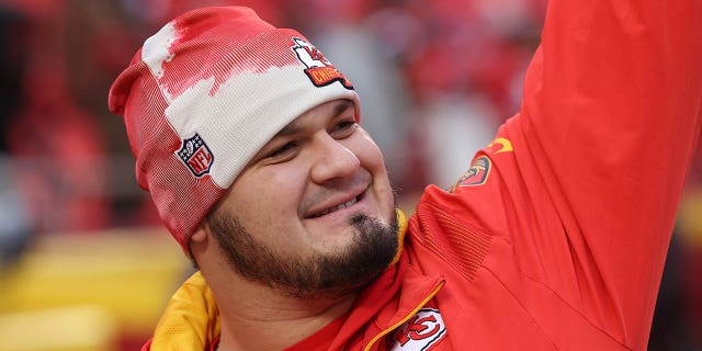 The Chiefs shield Nick Allegretti before the playoff game against the Jacksonville Jaguars on January 21, 2023 at GEHA Field at Arrowhead Stadium in Kansas City, Missouri.