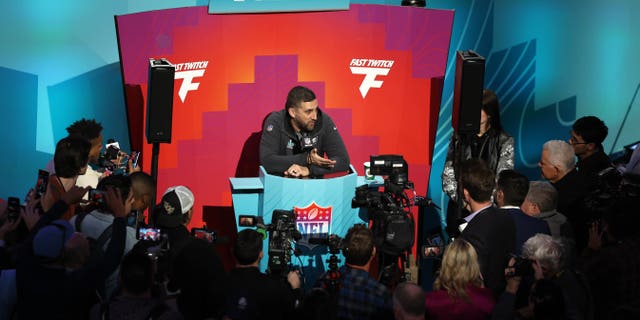 Head coach Nick Sirianni of the Philadelphia Eagles speaks to the media during Super Bowl LVII Opening Night, Feb. 6, 2023, in Phoenix.