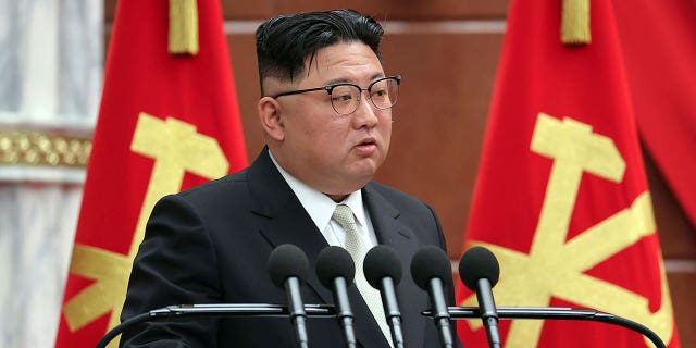 North Korean leader Kim Jong Un speaks during a meeting in Pyongyang, North Korea, on Feb. 26, 2023.