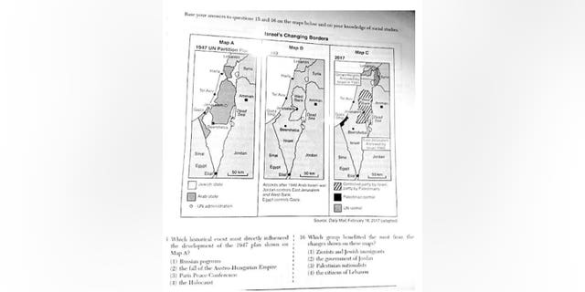 A photo of a controversial question on the 2022 winter’s NYS Regents Exam in Global History and Geography asking who benefited the most from changes shown on maps of Israel and surrounding areas from 1947 to 2017.
