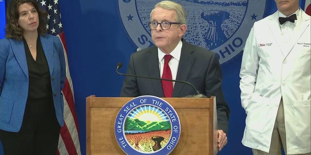 Ohio Gov. Mike DeWine, R, speaks at a press conference on Friday, February 17, 2023. 