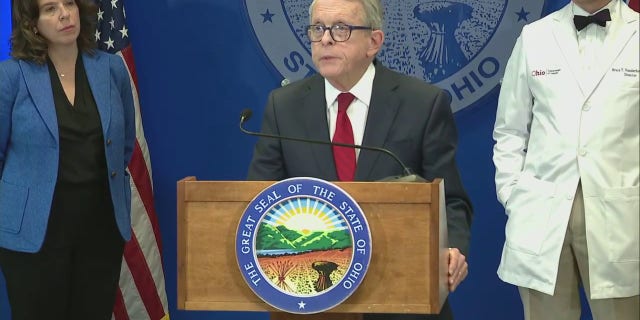 Ohio Gov. Mike DeWine, R, speaks at a press conference on Friday, February 17, 2023. 