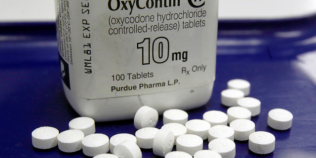 Pil OxyContin diatur untuk foto di apotek di Montpelier, Vermont.