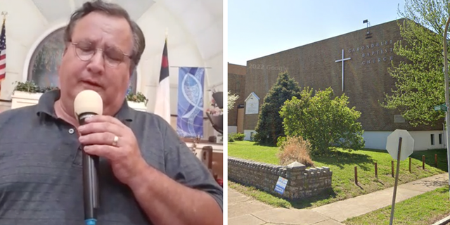 Pastor Mike Coleman next to photo of his church in St. Louis.