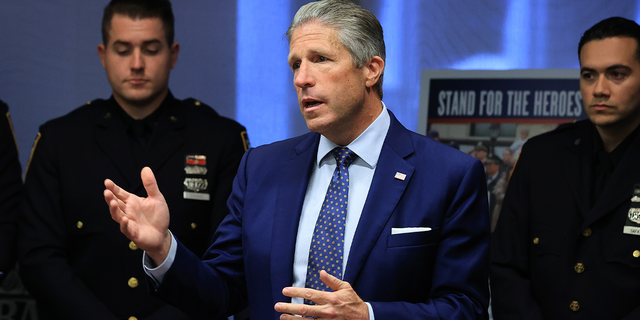New York City PBA President Patrick Lynch speaks during the unveiling ceremony of the 9/11 Memorial Wall at the Police Benevolent Association of the City of New York on September 7, 2021 in Manhattan.