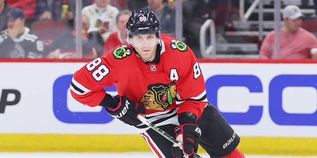 Patrick Kane of the Chicago Blackhawks controls the puck against the Vegas Golden Knights during the first period at United Center Feb. 21, 2023, in Chicago. 