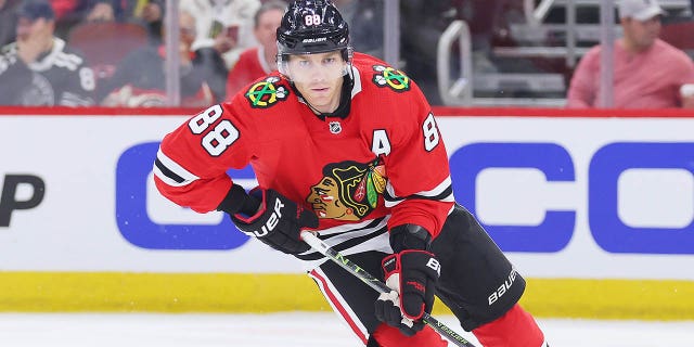 Patrick Kane of the Chicago Blackhawks controls the puck against the Vegas Golden Knights during the first period at United Center Feb. 21, 2023, in Chicago.