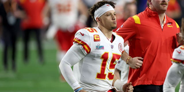 Patrick Mahomes #15 of the Kansas City Chiefs runs off the field at halftime against the Philadelphia Eagles in Super Bowl LVII at State Farm Stadium on February 12, 2023 in Glendale, Arizona. 