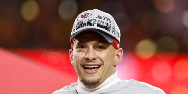 Patrick Mahomes #15 of the Kansas City Chiefs celebrates after winning the AFC Championship NFL football game between the Kansas City Chiefs and the Cincinnati Bengals at GEHA Field at Arrowhead Stadium on January 29, 2023, in Kansas City, Missouri.