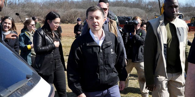 Transportation Secretary Pete Buttigieg during a visit to the Norfolk Southern crash site in East Palestine, Ohio.