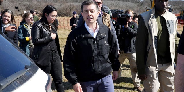 Transportation Secretary Pete Buttigieg during a visit to the Norfolk Southern crash site in East Palestine, Ohio.