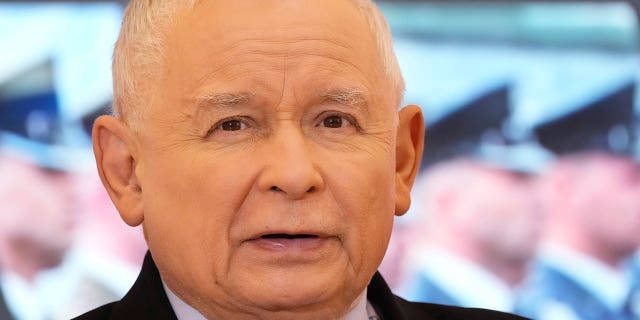 Poland's head of the ruling party, Jaroslaw Kaczynski, speaks during a news conference in Warsaw, Poland, on Feb. 22, 2022