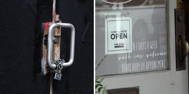 Left, plywood still covers many windows and doors in downtown Portland. Right, businesses in Oregon City and other nearby suburbs don't suffer the same risk of vandalism or theft.