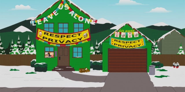 After settling down in South Park, the prince and his wife hang banners requesting privacy all over their new house.