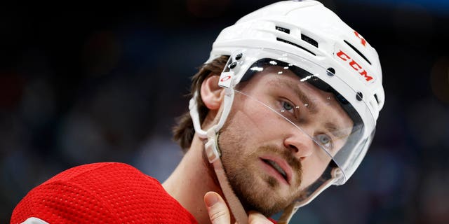 Rasmus Andersson of the Calgary Flames looks on during the second period against the Seattle Kraken at Climate Pledge Arena on Jan. 27, 2023 in Seattle.